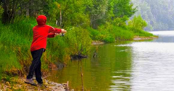 Boy fishing on a stream